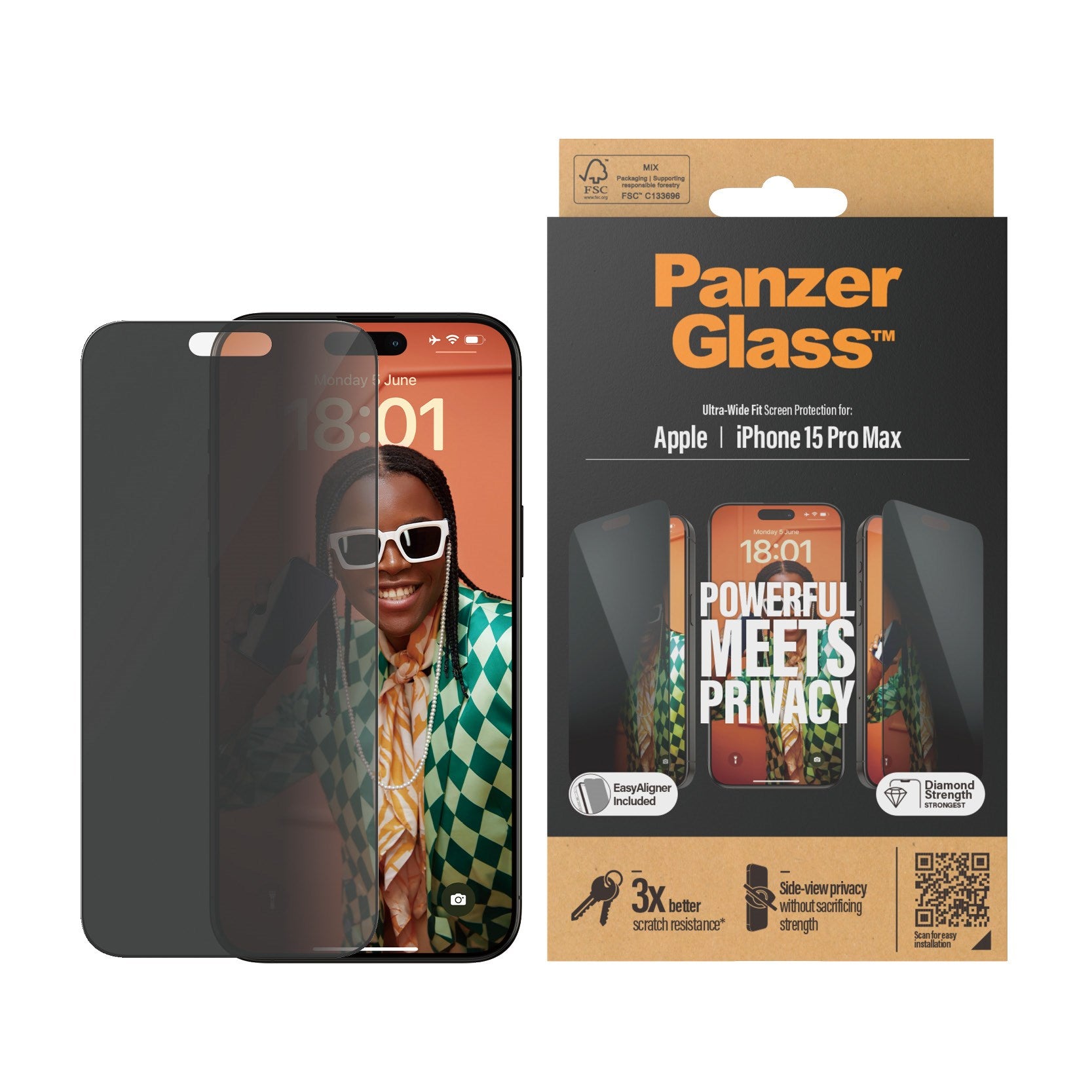 PanzerGlass® Privacy Skærmbeskyttelse iPhone 15 Pro Max | Ultra-Wide Fit m. EasyAligner